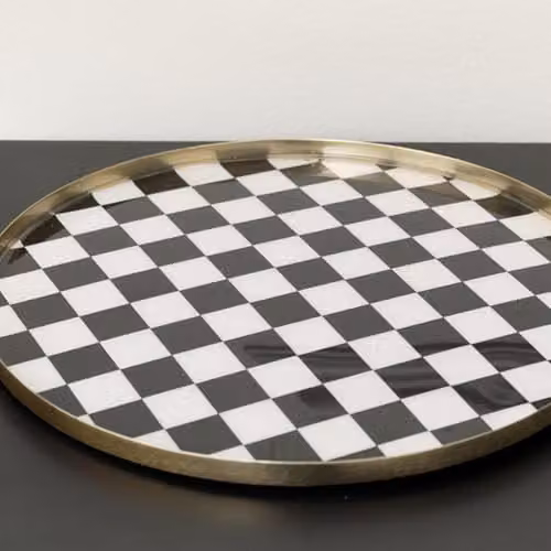 Melody Maison Checked Round Metal Tray in Black, Gold and White – 3