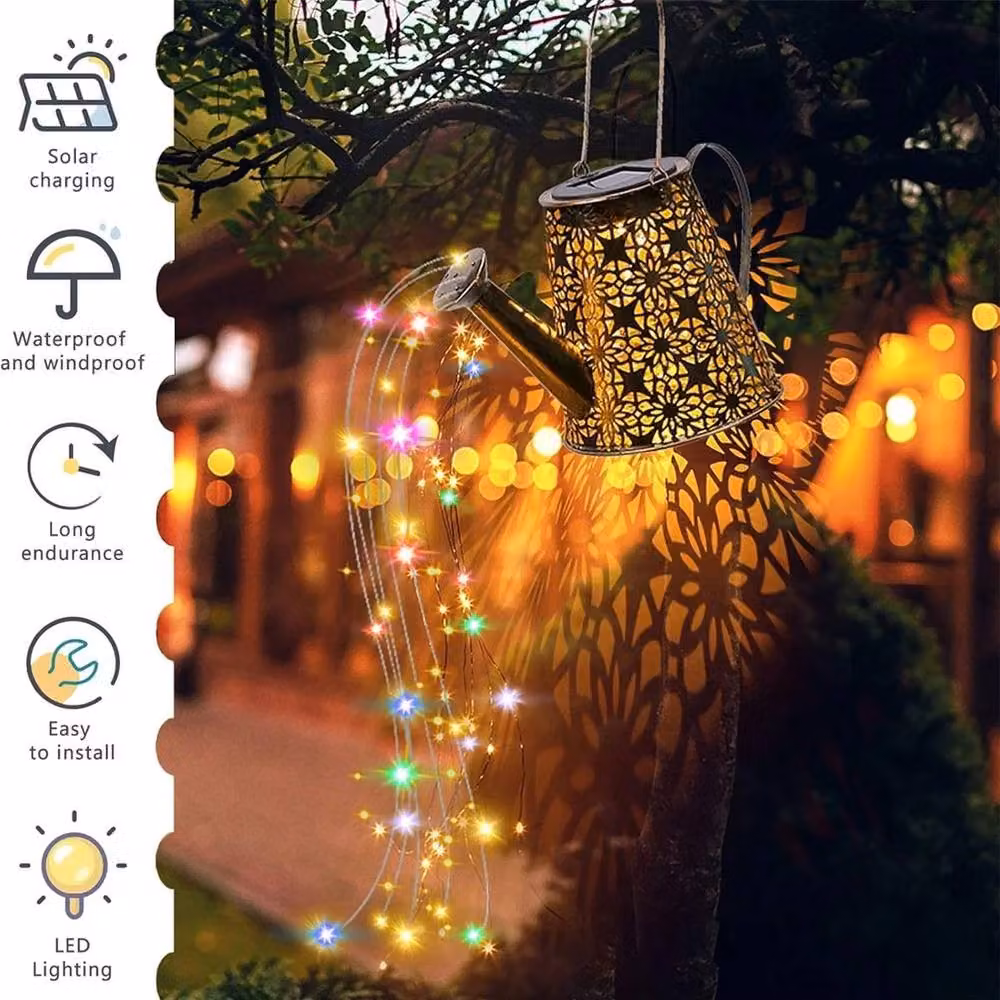 NESTLUNE Solar LED Watering Can Hollow Outdoor Garden Decor Lamp in Bronze – 3