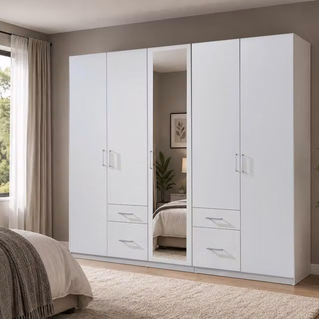 KDMD Fly White 5 Door Wardrobe with Mirror and 4 Integrated Drawers, Width: 225 cm – 1