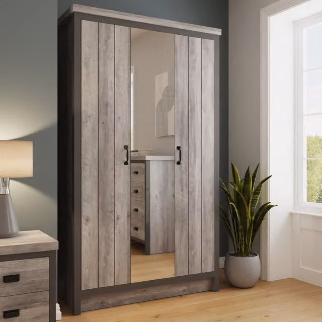 GFW Boston 3 Door Mirrored Wardrobe in Grey and Black