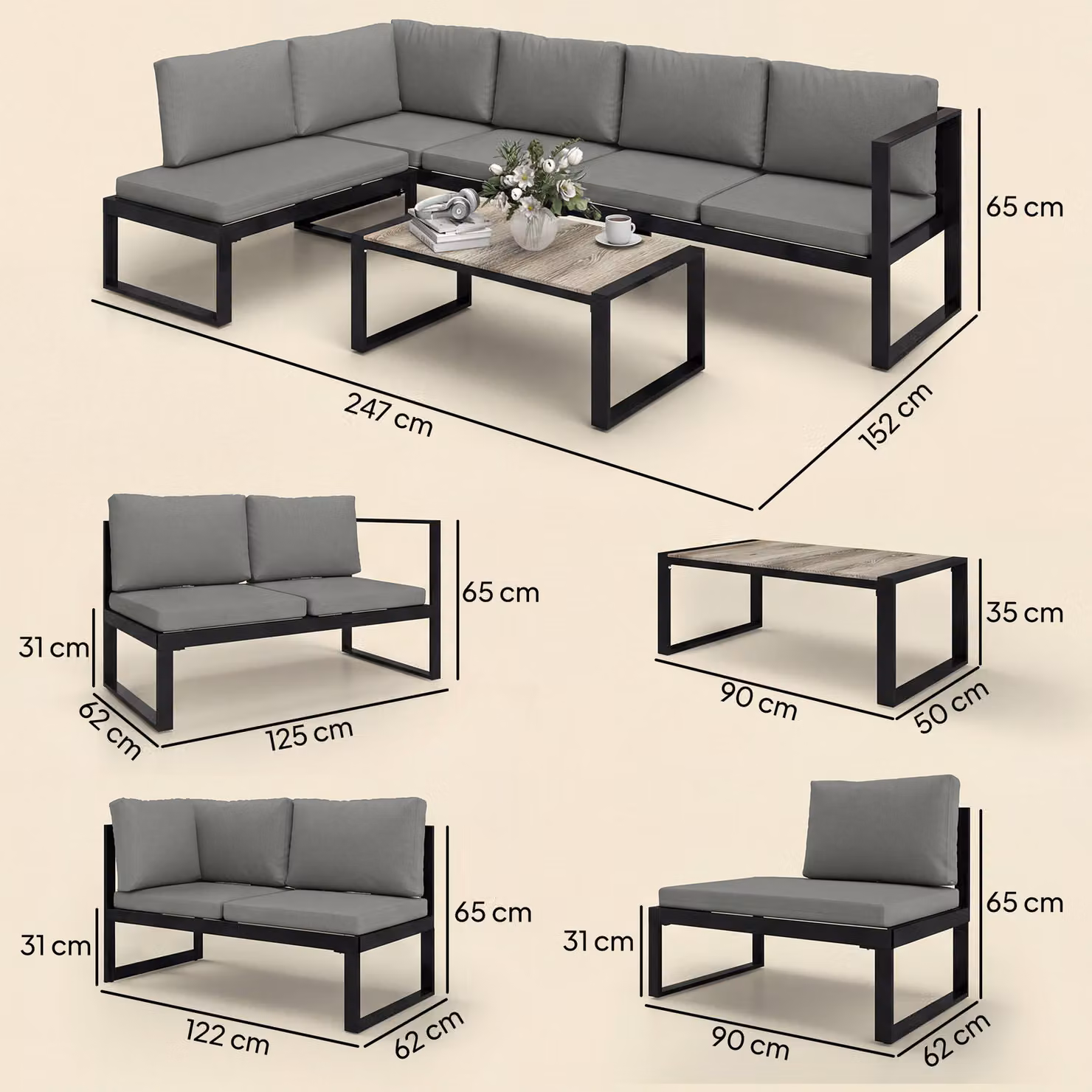 Outsunny 4 Piece Modern Garden Furniture Set in Grey with Upholstered Cushions and Powder Coated Steel Frame – 3