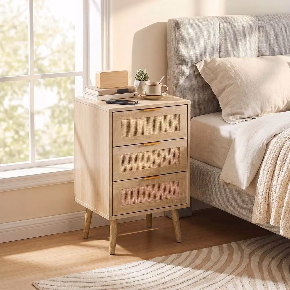 KORVIXA Rattan Bedside Table with 3 Drawers in Brown, Gold and Beige, Height: 72 cm, Width: 100 cm – 3