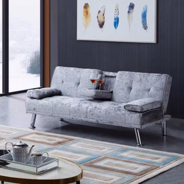 Comfy Living Verona Crush Velvet Sofa Bed in Grey with Cup Holders and Click-Clack Sleeping Function