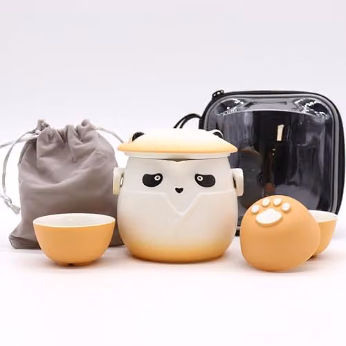 Serenityy Orange Ceramic Panda Teapot Set with Infuser and Three Cups – 2