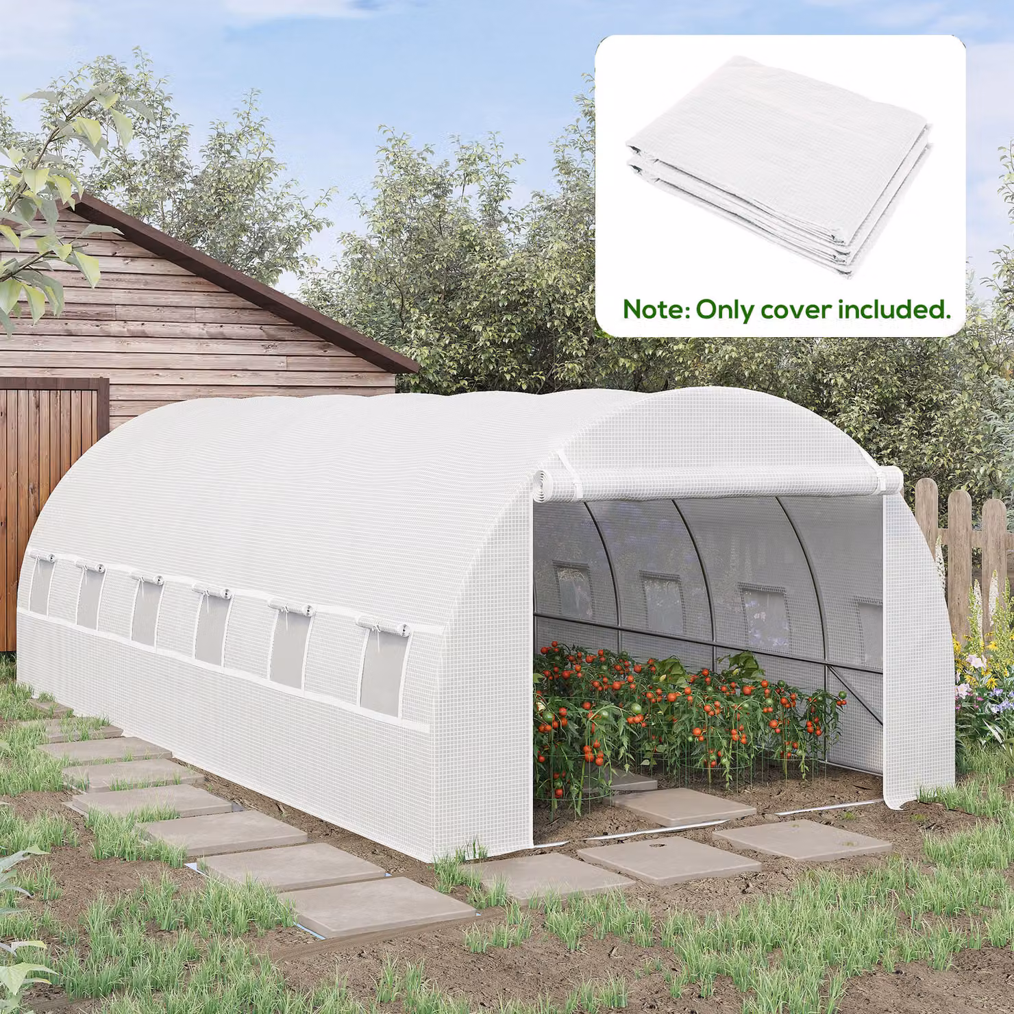 Outsunny White Winter PE Polytunnel Replacement Cover with Roll-up Windows and Door, W: 6 m, D: 3 m, H: 2 m – 2