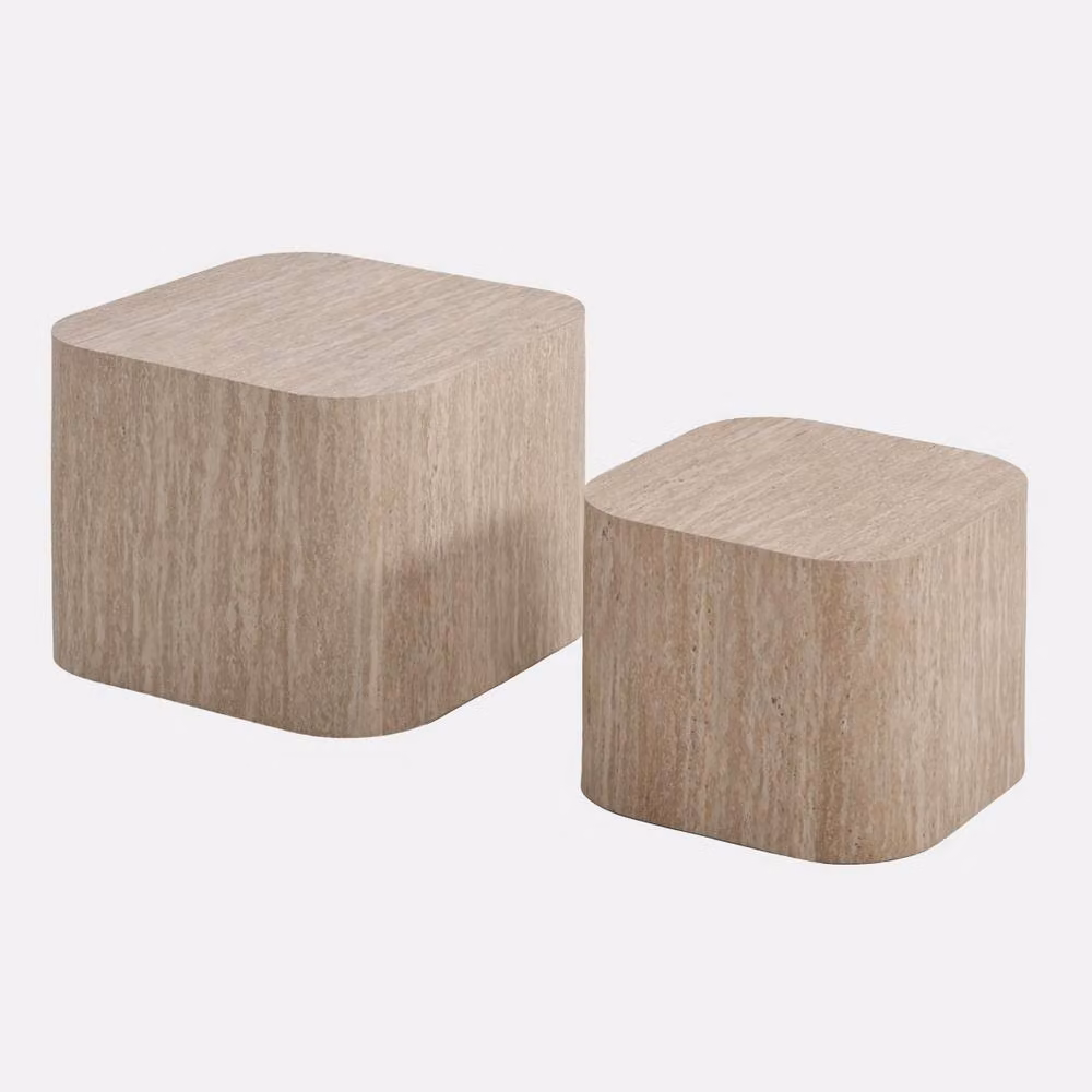 OHS Set of 2 Modern Square Travertine Effect Coffee Tables in Beige Stone Finish – 2
