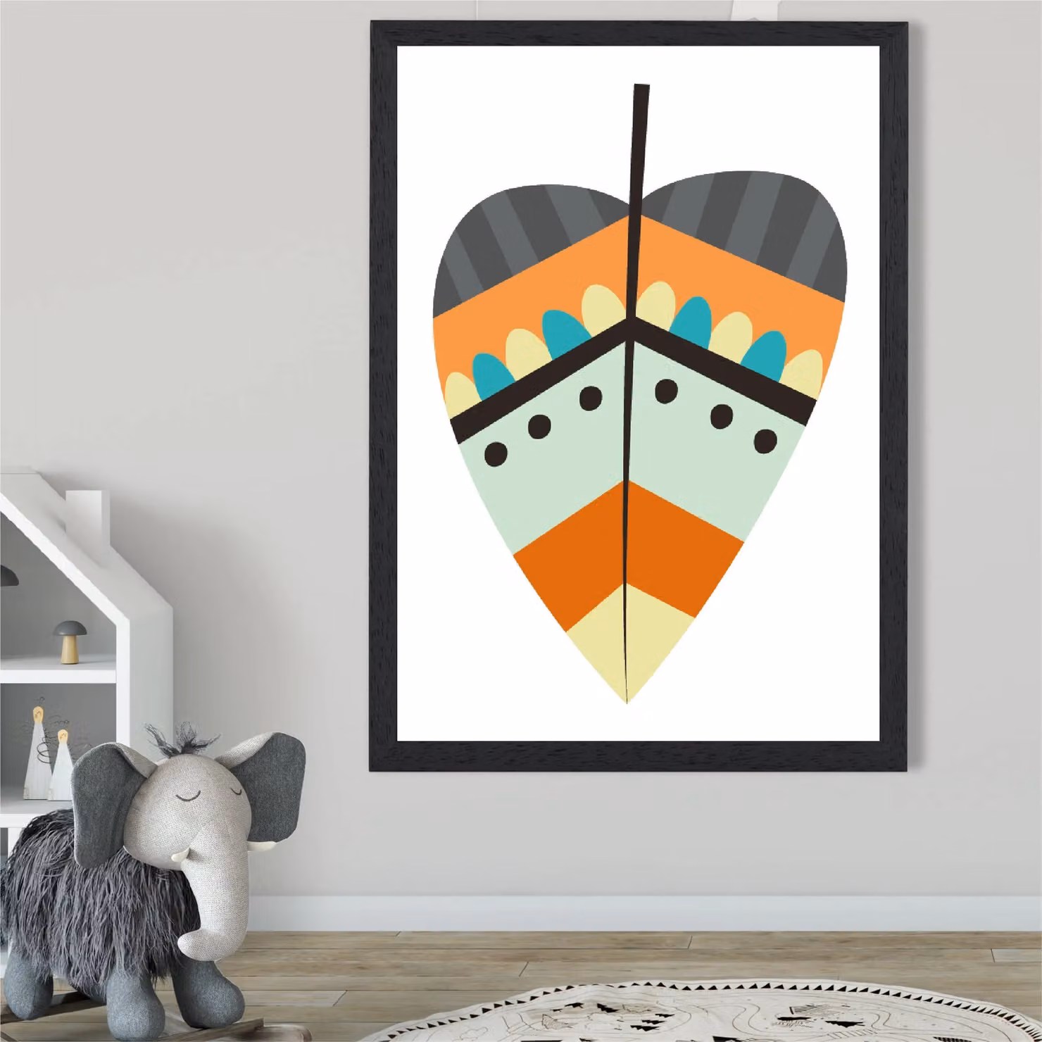 ARTZE Tribal Leaf Framed Print, Orange Botanical Illustration with Black Wood Frame, A2 – 2