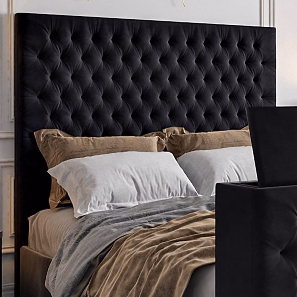 KDMD Annan Upholstered Soft Velvet TV Bed Frame with Lift Up Base, Black, W/D/H: 200 x 152 x 189 cm – 3
