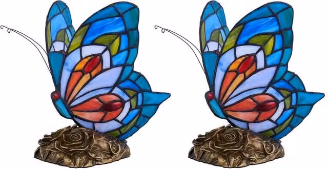 First Choice Lighting Betty Set of 2 Multicolour Tiffany Butterfly Table Lamps with Bronze Metal and Glass Bases