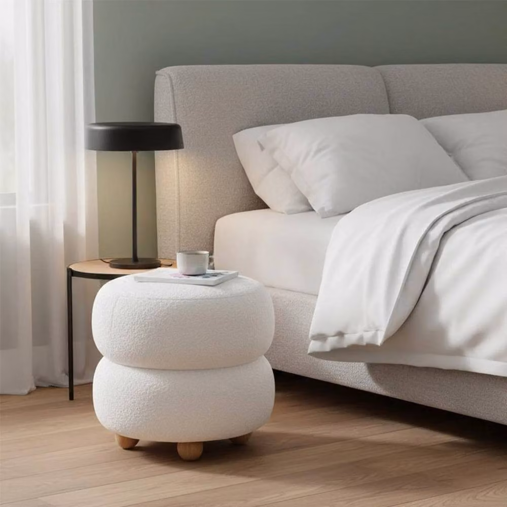 KORVIXA White Bouclé Teddy Fleece Round Upholstered Stool, Diameter: 100 cm, Height: 15 cm – 3