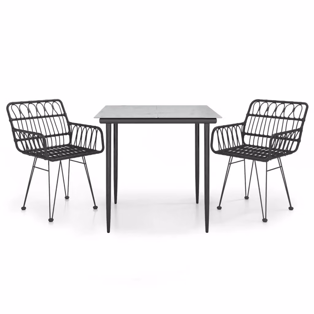 Berkfield Home 3 Piece Black Poly Rattan Garden Dining Set with Glass Top Table