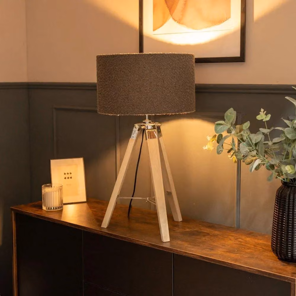 ValueLights Clipper Modern Wood and Chrome Tripod Table Lamp with Grey Boucle Cylinder Shade, Diameter: 35 cm, Height: 21 cm – 2