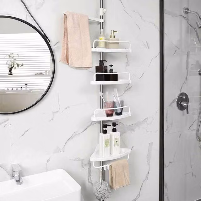 FLAVORA White 4-Tier Telescopic Wall Mounted Corner Bathroom Shelf