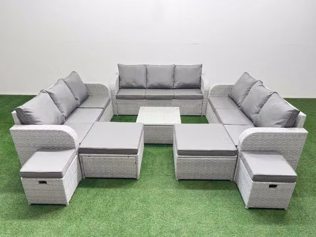 Fimous 13 Seater Outdoor Garden Furniture Set in Light Grey PE Rattan with Metal and Glass Details
