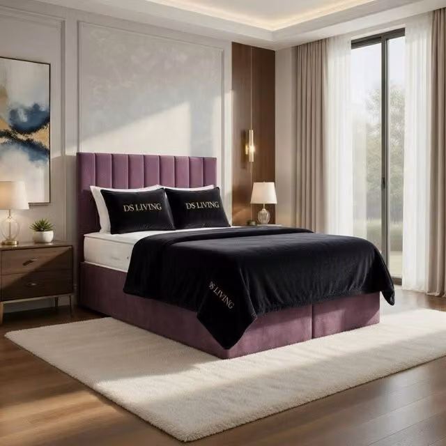 DS Living Aria Pink Velvet Upholstered Ottoman Bed with Lift Up Base, W/D/H: 200 x 200 cm