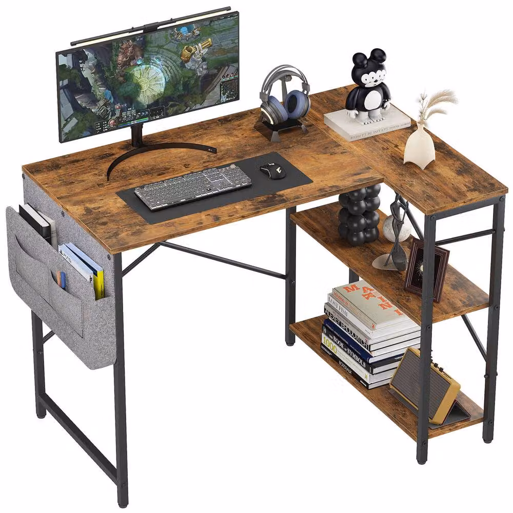 Huhote L-Shaped Corner Computer Desk in Brown with 2 Shelves and Storage Bag, W/D/H: 100 x 70 x 75 cm – 2