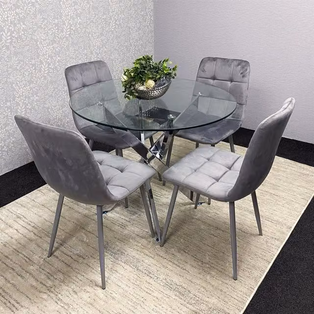 Kosy Koala Modern Round Glass Dining Table and 4 Grey Velvet Chairs Set in Brown