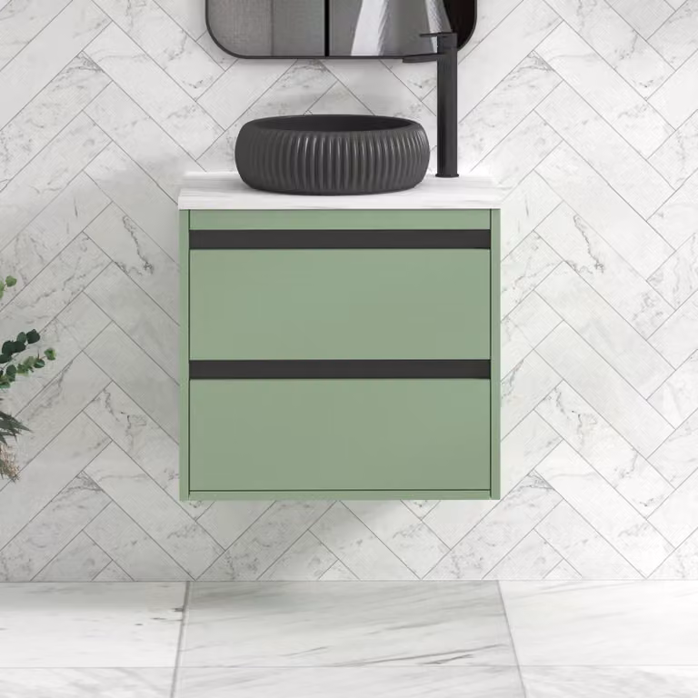 Royal Bathrooms Orion Wall Hung Mint Sage Vanity Unit with Milan Black Basin and Black Accent Trim, Width: 60 cm