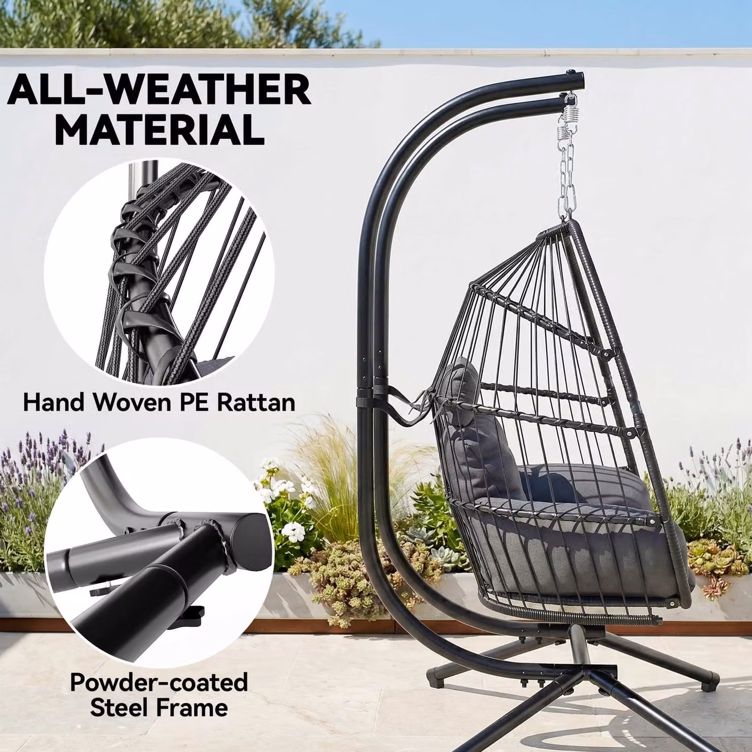 Outsunny Dark Grey Rattan Double Hanging Egg Chair with Stand and Cushions – 5