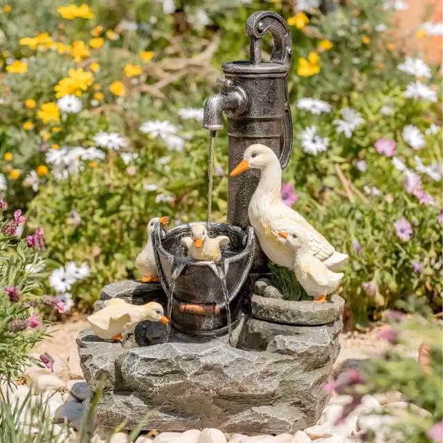 Primrose Duck Family at Old Tap and Bucket Tabletop Water Fountain with Lights, Brown and Multicolour