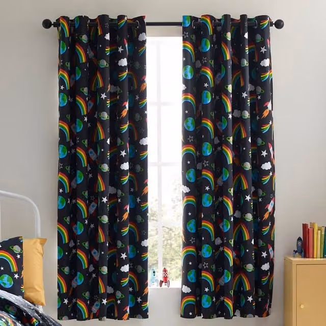Catherine Lansfield Rainbow Rockets Ready Made Eyelet Curtains, Black and Multicolour, W: 167.64 cm, H: 182.88 cm