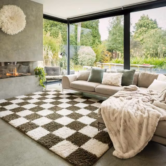 Kukoon Cream Checkerboard Shaggy Rug, W: 60 cm x L: 240 cm – 1