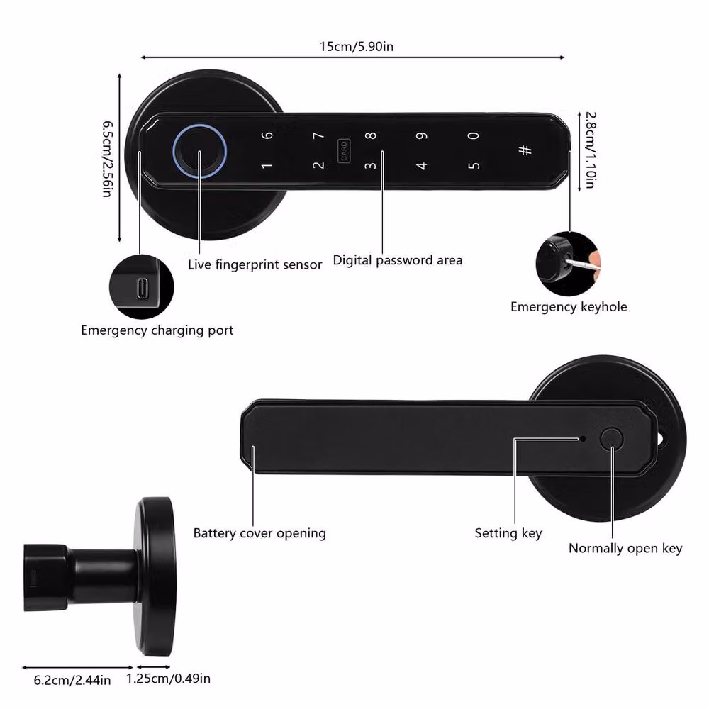 NESTLUNE Smart Biometric Door Lock in Black, Zinc Alloy, W: 520 mm, H: 10000 mm, D: 6.5 mm – 2