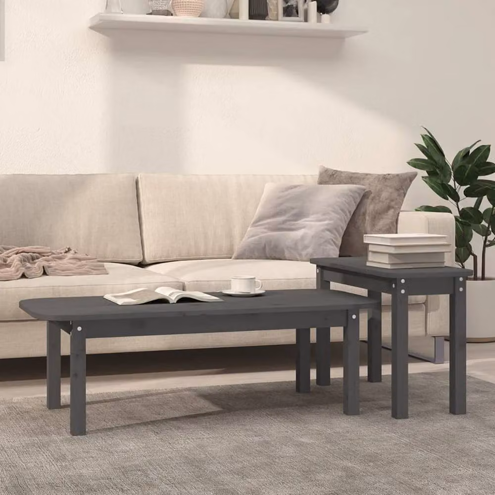 Berkfield Home 2 Piece Nested Coffee Table Set in Grey Rustic Solid Pine Wood – 2