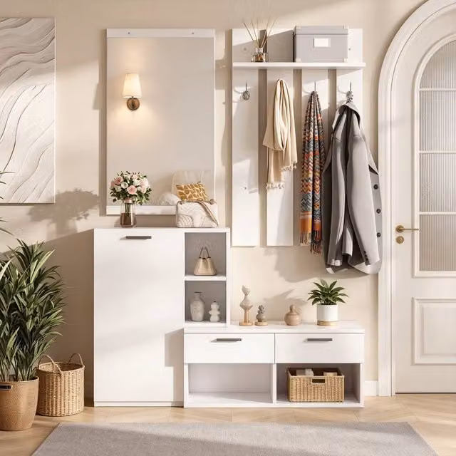 Matteo Minimalist White Hallway Furniture Set with Mirror, Shoe Cabinet and Bench
