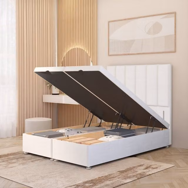 Somnior Beds Ltd Austin Plush Velvet Ottoman Divan Bed with Floor Standing Headboard, White, W/D/H: 90 x 190 cm
