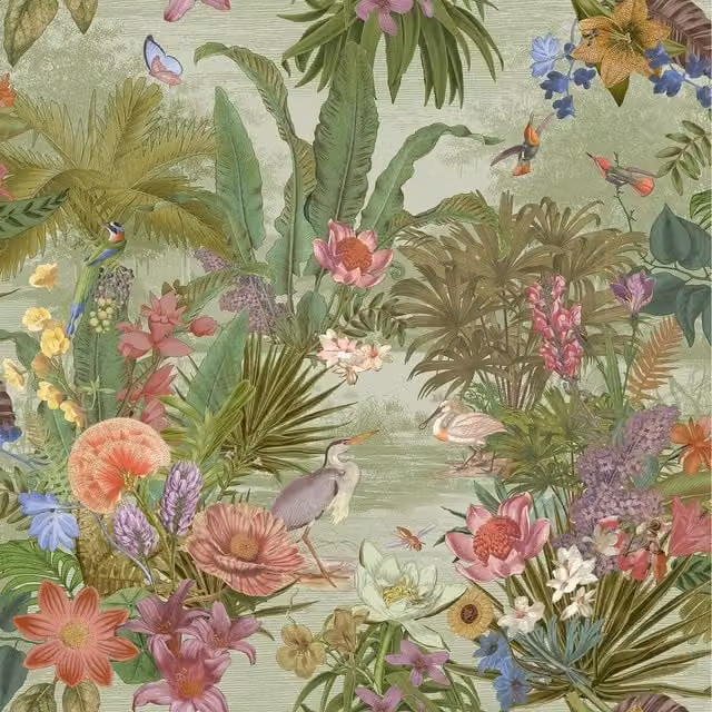 Grandeco Floral Hall Botanical Nature Vinyl Wallpaper in Green and Multicolour