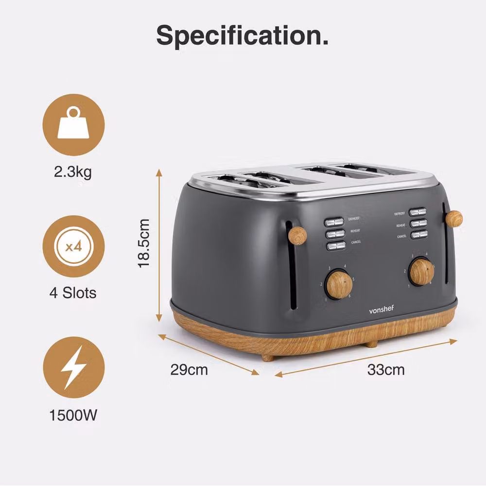 VonShef Fika Grey Kettle and 4 Slice Toaster Set – 5