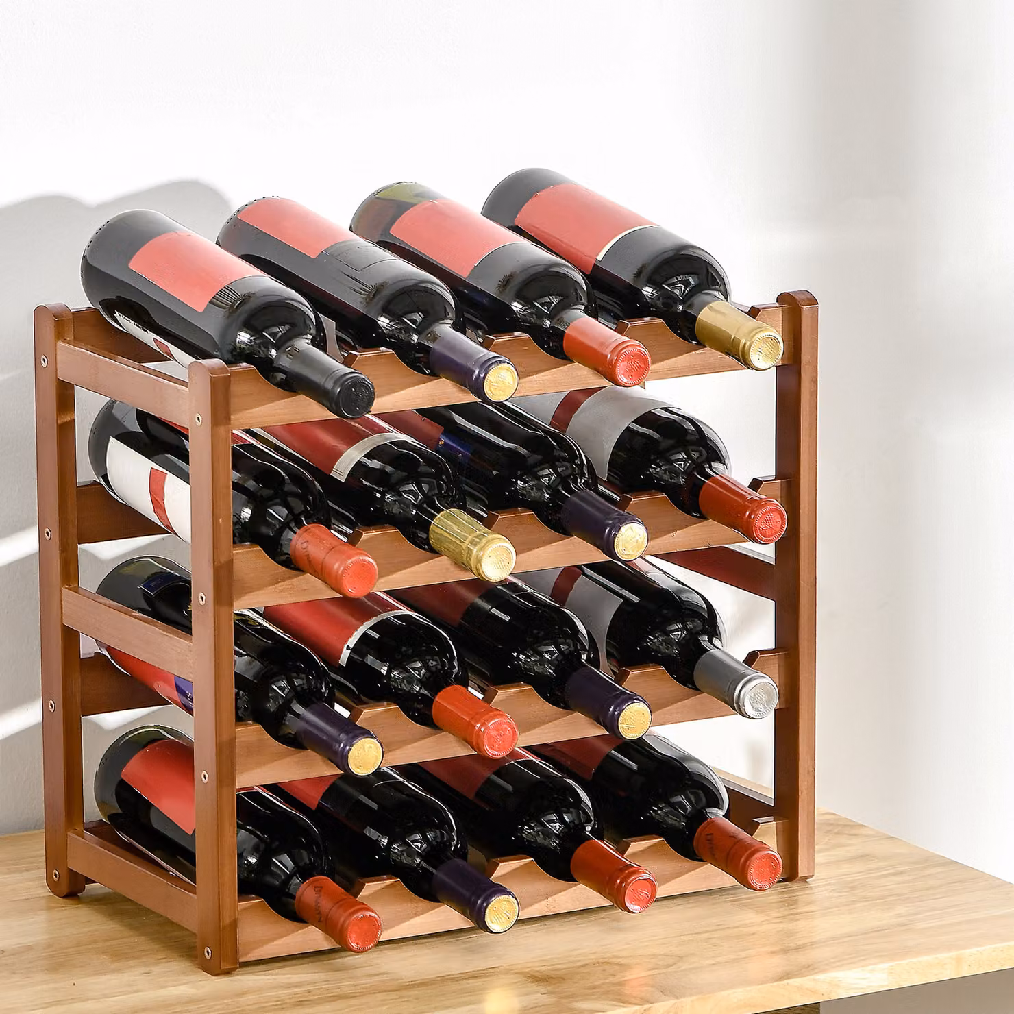 HOMCOM 4-Tier Free Standing Bamboo Wine Rack and Bottle Holder in Brown – 2