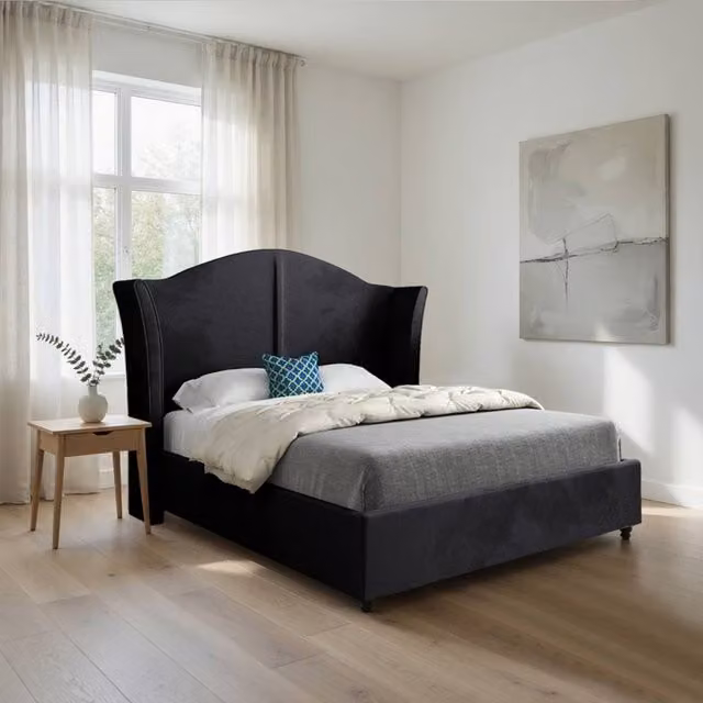 Casani Titchmarsh Upholstered Velvet Designer Bed Frame in Black, W/D/H: 144 x 137 x 200 cm – 1