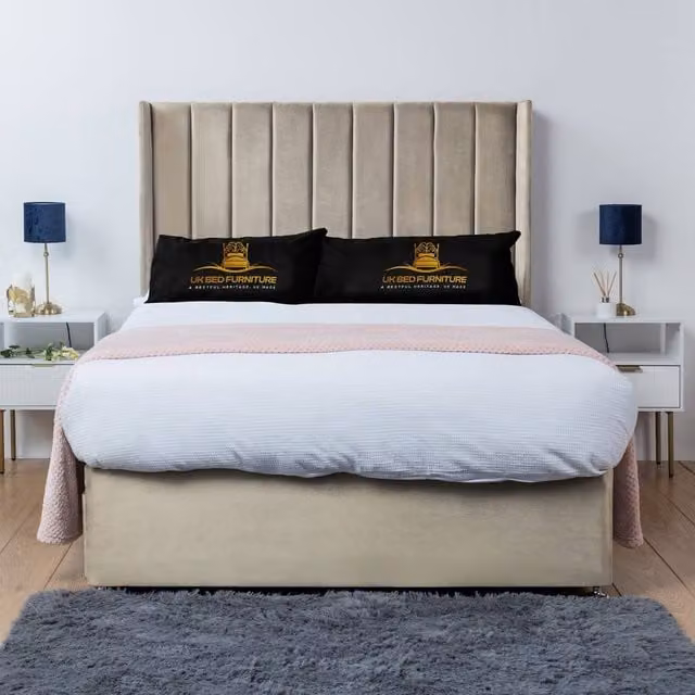 UK Bed Furniture Bella Wingback Divan Bed Base with 54 Inch Headboard in Beige Velvet, W/D/H: 120 x 200 cm