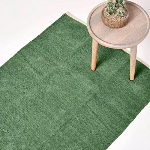 Homescapes Plain Modern Chenille Cotton Rug in Green, W: 45 cm, D: 45 cm, H: 45 cm