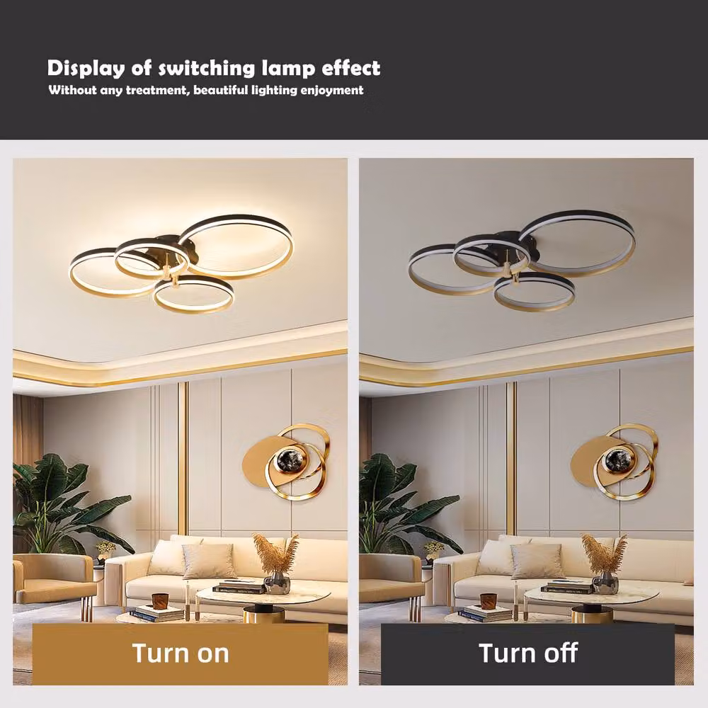 NIVOR 60W 4 Ring LED Dimmable Flush Mount Ceiling Light with Remote Control and 3 Colour Settings in Gold – 3