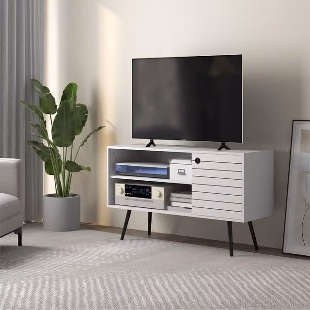 HOMCOM Modern White TV Stand Cabinet with Open Shelves and Cable Holes, Width: 110 cm