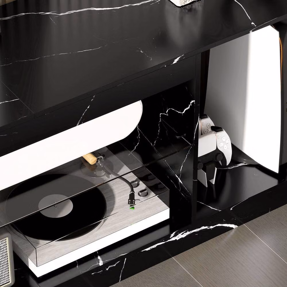 STILVORA Modern TV Stand with Cabinet and Glass Shelf in Black – 9