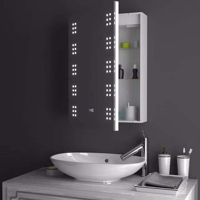 Livingandhome Modern Silver LED Bathroom Mirror Cabinet with Anti-Fog Demister Pad, Sensor Switch and Shaver Socket