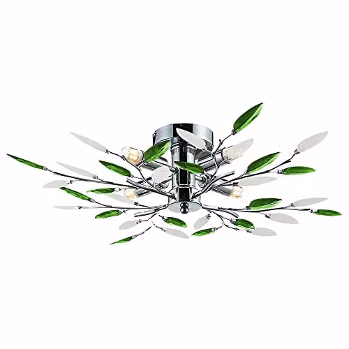 Happy Homewares Modern Chrome Semi Flush Ceiling Light with Green and White Acrylic Leaves, Diameter: 60 cm