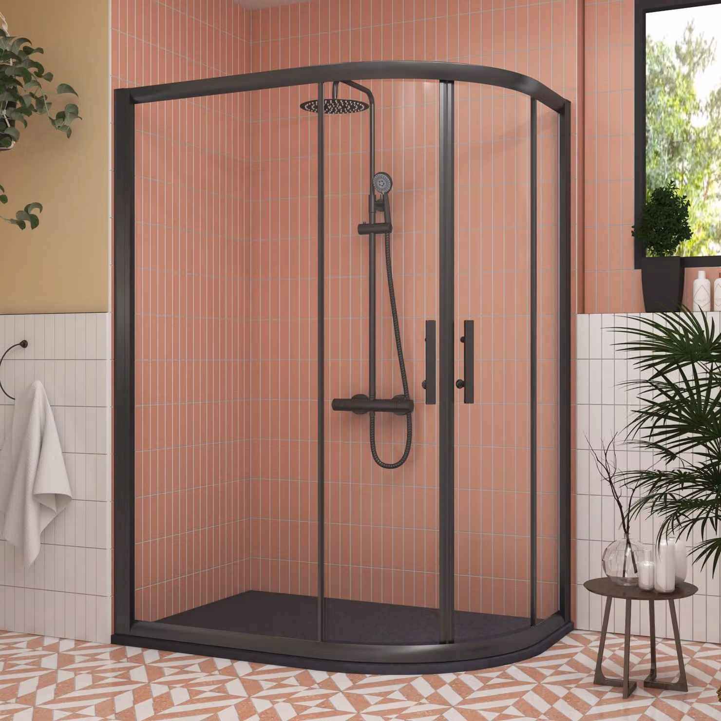 Royal Bathrooms Milan Matt Black Offset Quadrant Shower Enclosure with Grey Stone Mineral Cast Tray, W: 120 cm, D: 80 cm, 6mm Double Sliding Door