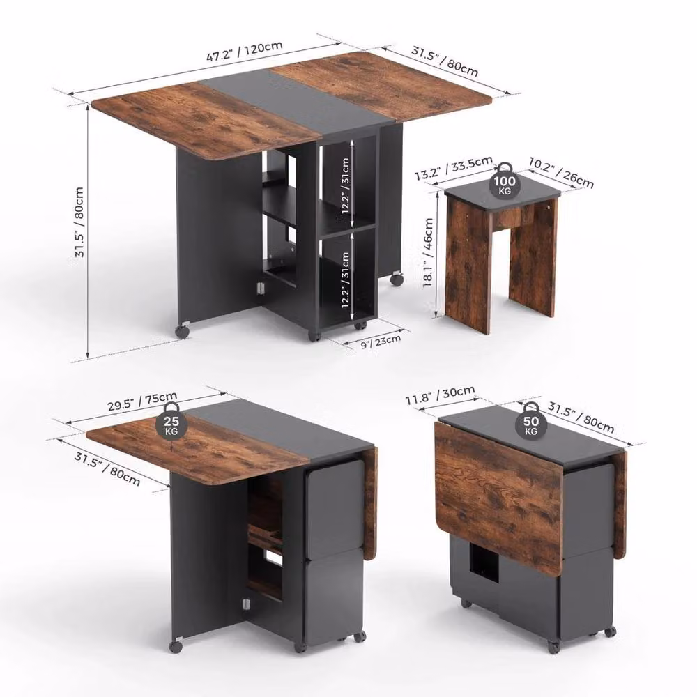 KORVIXA Rustic Brown and Black Drop Leaf Dining Table and Chairs Set – 2