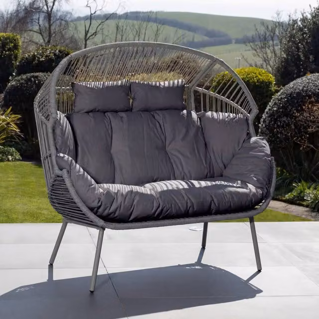 Artemis Home Cocona 2 Seat Standing Egg Chair in Grey Rattan with Upholstered Cushions