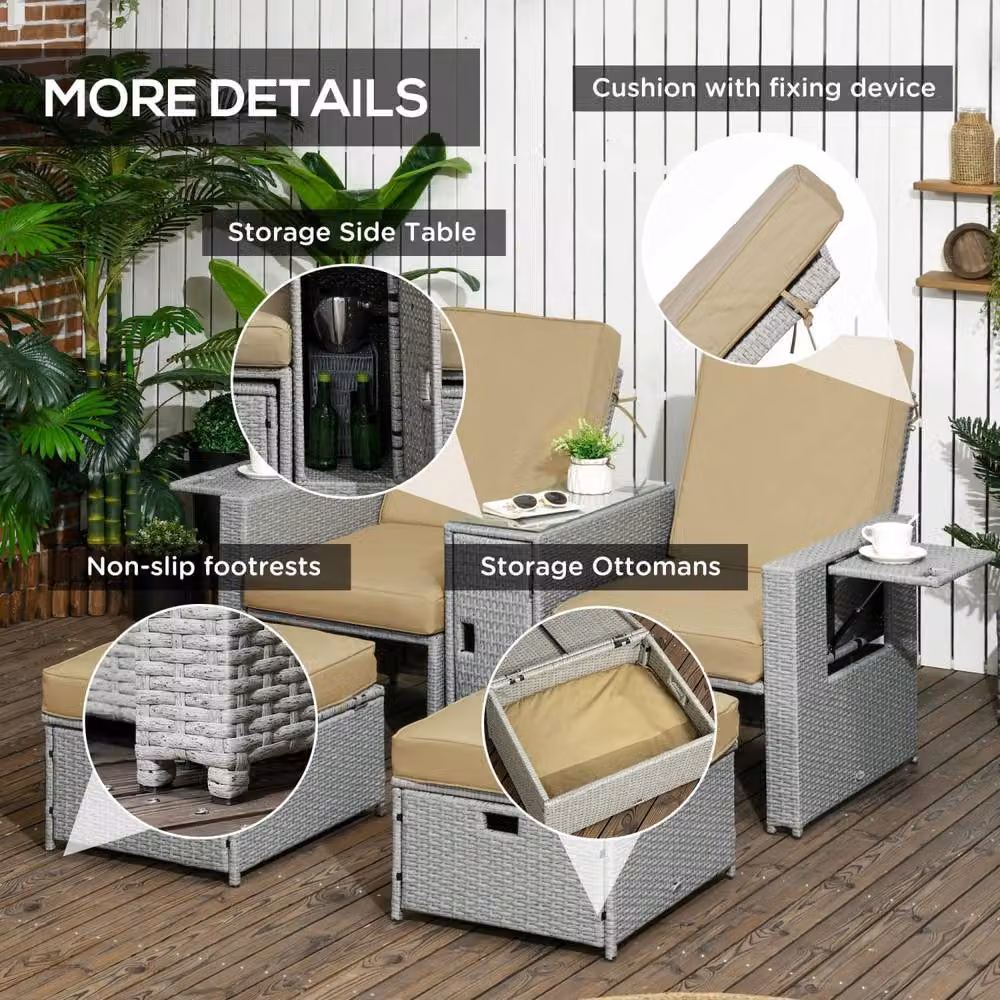 Wyld Haus Beige Rattan Garden Reclining Sun Lounger Set with Storage Table and Footstools – 5