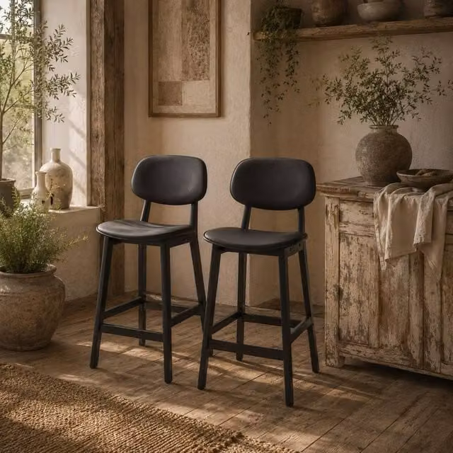 Wyld Haus Resono Set of 2 Black Solid Wood Bar Stools with Faux Leather Seats – 1