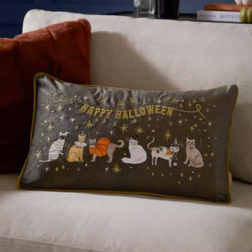 Furn Halloween Pawty Rectangular Piped Velvet Cushion, Multicolour and Gold, W: 50 cm, H: 30 cm, D: 30 cm – 4
