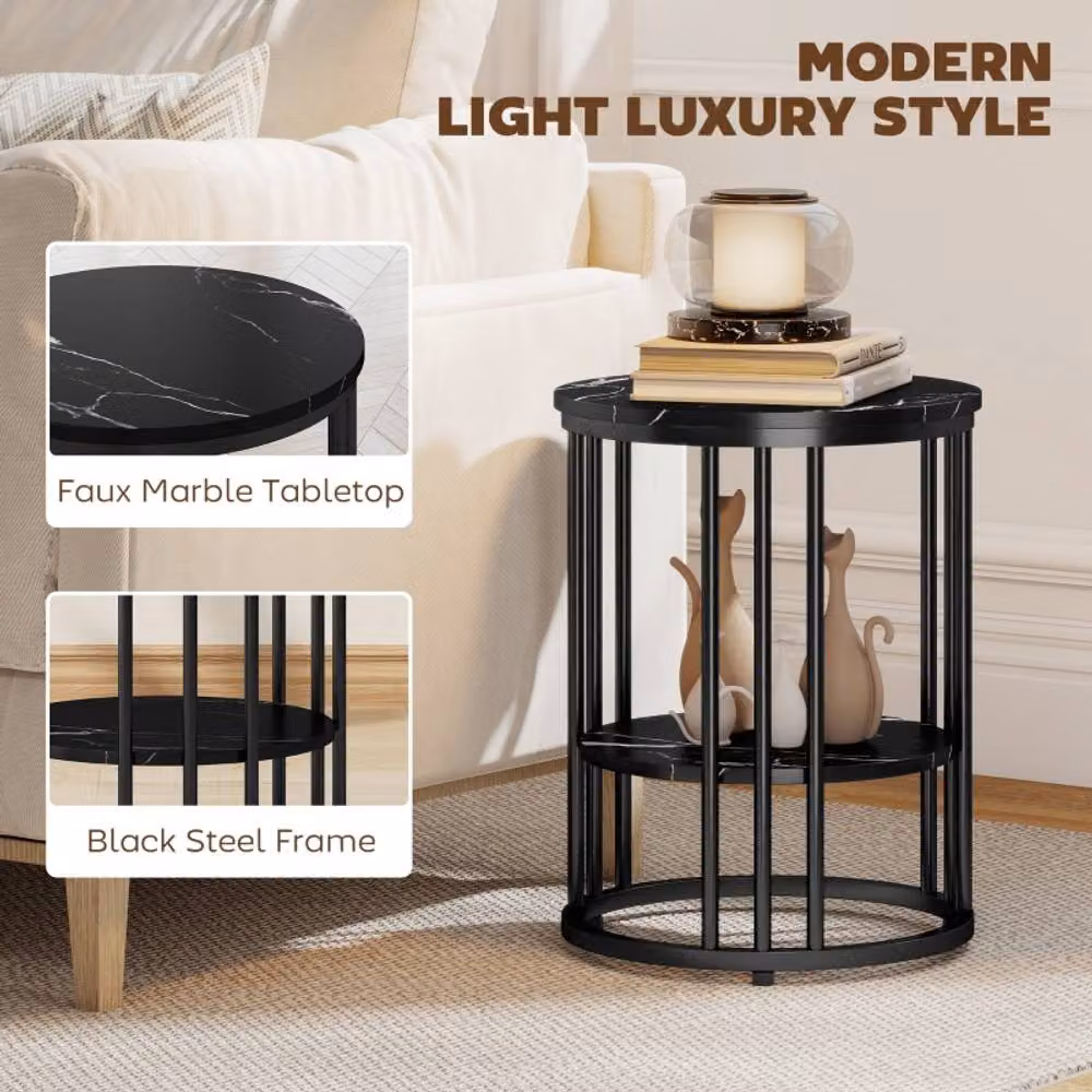 STILVORA Set of 2 Modern Round Metal Coffee Tables with Shelf, Black – 4