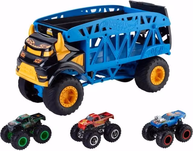 Mattel Hot Wheels Monster Trucks Monster Mover Playset with 3 Vehicles in Red and Blue