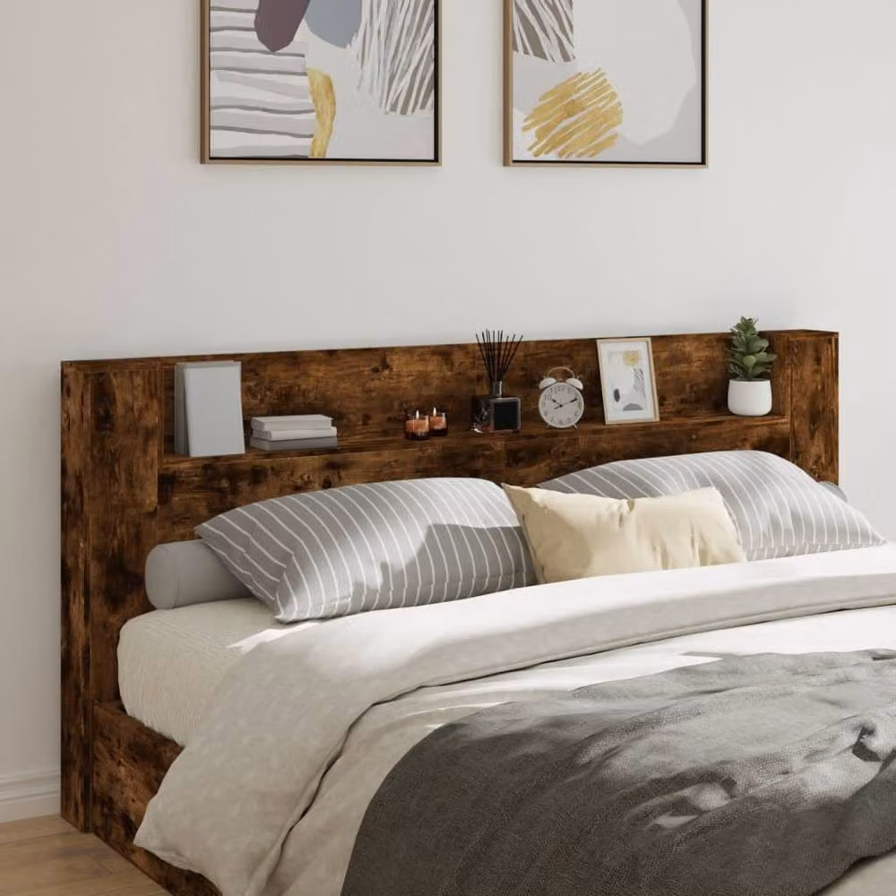 Berkfield Home Modern Headboard Cabinet with LED Lighting and USB Charging Port in Smoked Oak Brown, W/D/H: 220 x 16.5 x 103.5 cm – 2